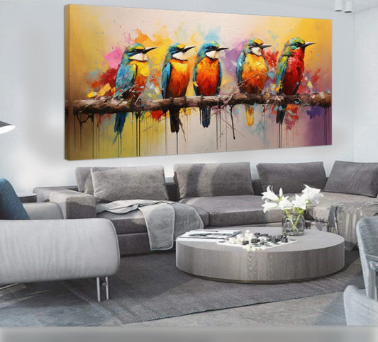 Colorful Birds on Branch - Vibrant Family of Birds Canvas Art, Modern Prin on Canvas