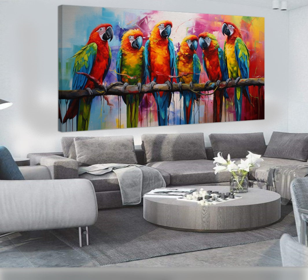 Vibrant Parrot Family Canvas Art - Colorful Macaws on a Branch, Modern Prin on Canvas