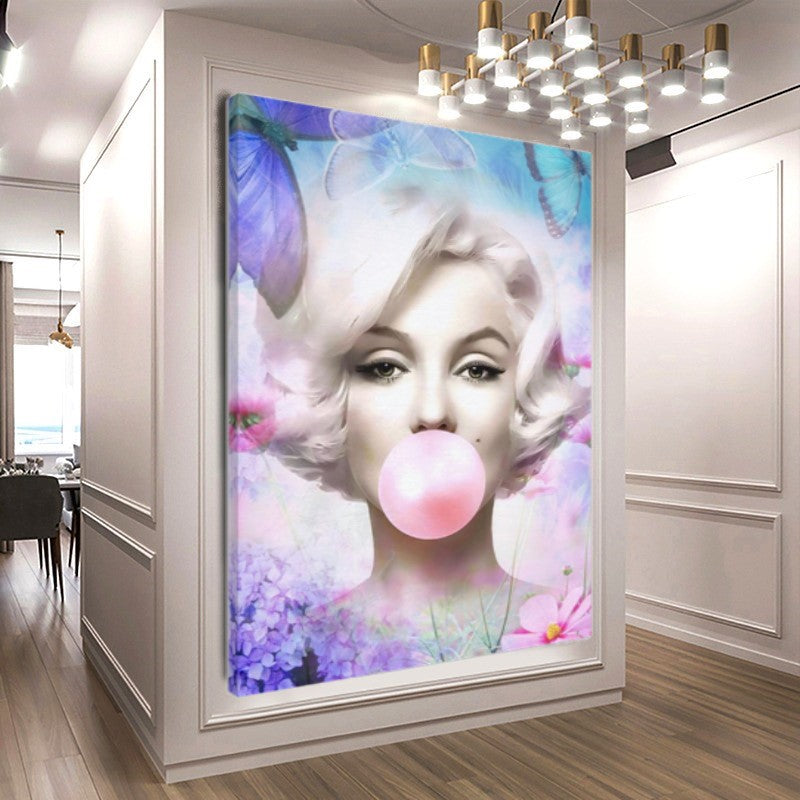Blue Floral Brigitte Bardot Bubble Gum Art, Modern Pop Art Canvas Print – Large – Oil on Canvas – {{ product.title }} canvas artwork by Tanya Mirelle – modern wall decor – original artwork for home, living room, office, or gallery – original artwork by BETSY-ART GALLERY