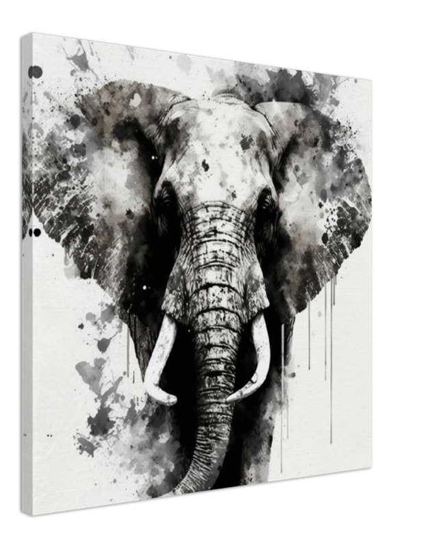 Large Print on Canvas, Black White Elephant, Watercolor Art Work