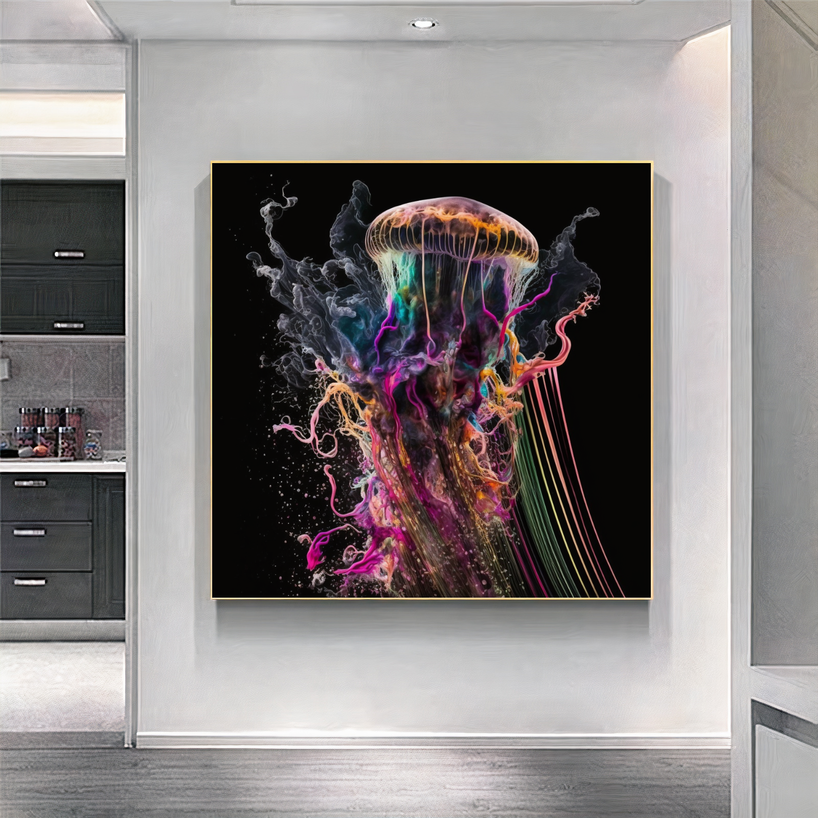 Blue Neon Jellyfish Explosion - Abstract Canvas Print of Underwater Life