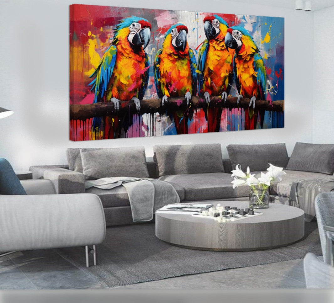 Vibrant Parrot Family Canvas Art - Colorful Macaws on a Branch, Modern Prin on Canvas