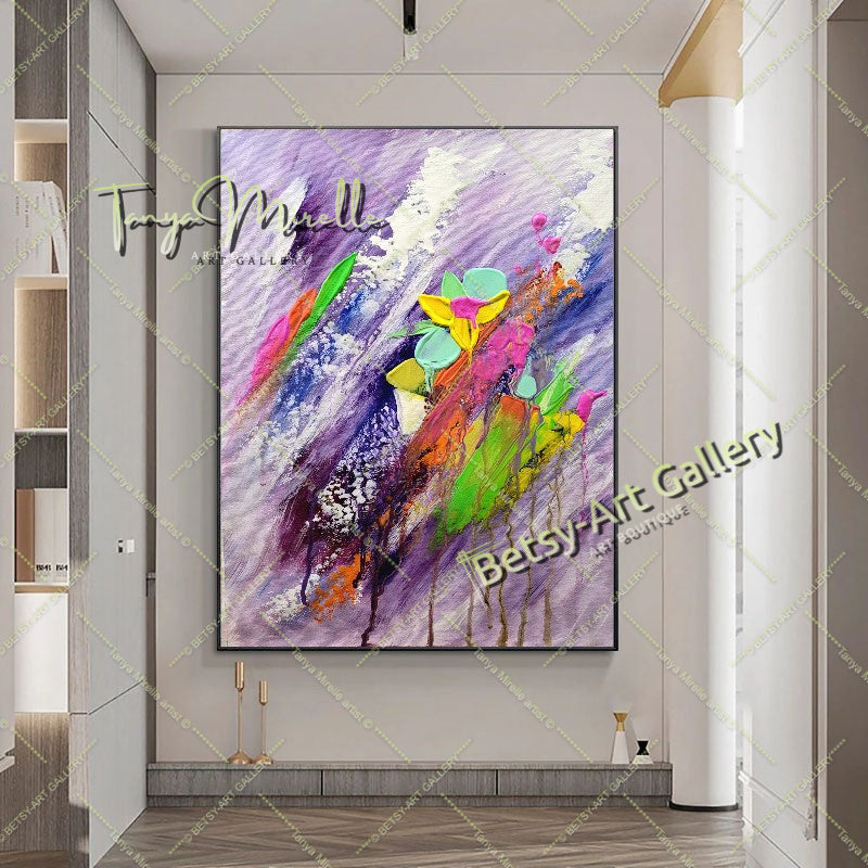 Art abstrait moderne, peinture acrylique florale sur toile pour salon