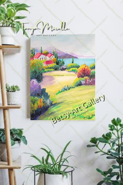 Vibrant Mediterranean Landscape Watercolor Painting, No Frame {{ shop_name }}watercolor art print birthday gift blooming garden art botanical print colorful painting floral art floral painting garden painting gift for mom mediterranean art mediterranean landscape painting nature painting paper painting small painting wall art home decor watercolor floral watercolor flowers watercolor landscape watercolor painting wildflowers painting