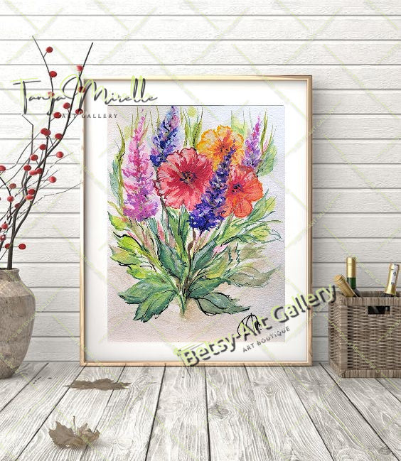 Garden Flowers Watercolor Painting, Botanical Wall Art No Frame {{ shop_name }}watercolor art print birthday gift blooming garden art botanical print colorful painting floral art floral painting garden painting gift for mom mediterranean art nature painting paper painting small painting wall art home decor watercolor floral watercolor flowers watercolor landscape watercolor painting wildflowers painting