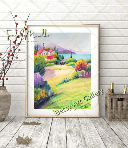 Vibrant Mediterranean Landscape Watercolor Painting, No Frame {{ shop_name }}watercolor art print birthday gift blooming garden art botanical print colorful painting floral art floral painting garden painting gift for mom mediterranean art mediterranean landscape painting nature painting paper painting small painting wall art home decor watercolor floral watercolor flowers watercolor landscape watercolor painting wildflowers painting