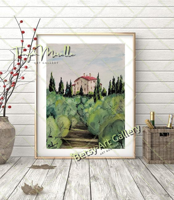 Olive Garden Watercolor Painting, Original Wall Art, No Frame {{ shop_name }}watercolor art print birthday gift blooming garden art botanical print colorful painting floral art floral painting garden painting gift for mom mediterranean art nature painting olive garden painting paper painting small painting wall art home decor watercolor floral watercolor flowers watercolor landscape watercolor painting wildflowers painting