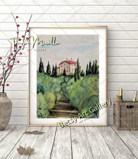 Olive Garden Watercolor Painting, Original Wall Art, No Frame {{ shop_name }}watercolor art print birthday gift blooming garden art botanical print colorful painting floral art floral painting garden painting gift for mom mediterranean art nature painting olive garden painting paper painting small painting wall art home decor watercolor floral watercolor flowers watercolor landscape watercolor painting wildflowers painting