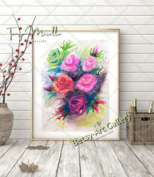 Garden Roses Watercolor Painting, Original Wall Art, No Frame {{ shop_name }}watercolor art print birthday gift blooming garden art botanical print colorful painting floral art floral painting garden painting garden roses painting gift for mom nature painting paper painting small painting wall art home decor watercolor floral watercolor flowers watercolor landscape watercolor painting wildflowers painting