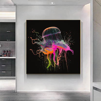 Blue Neon Jellyfish Explosion - Abstract Canvas Print of Underwater Life B