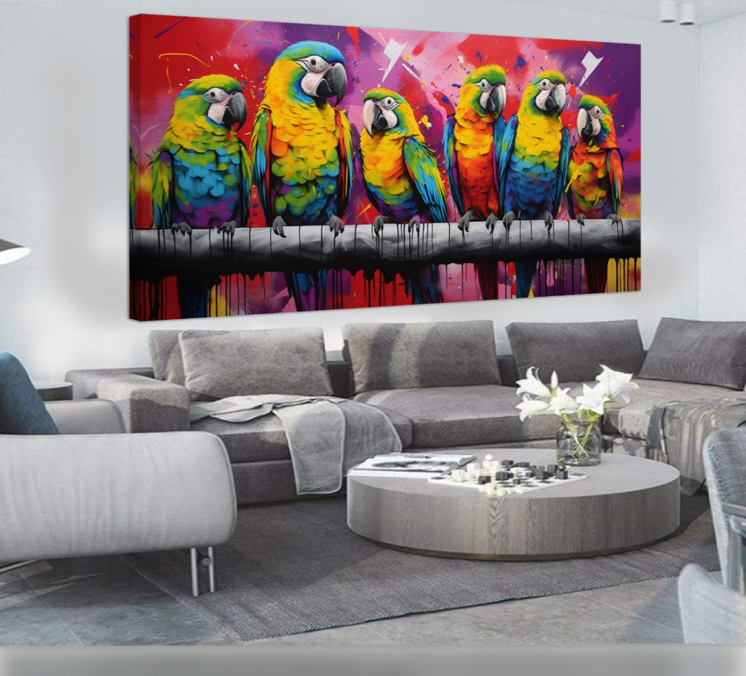 Vibrant Parrot Family Canvas Art - Colorful Macaws on a Branch, Modern Prin on Canvas