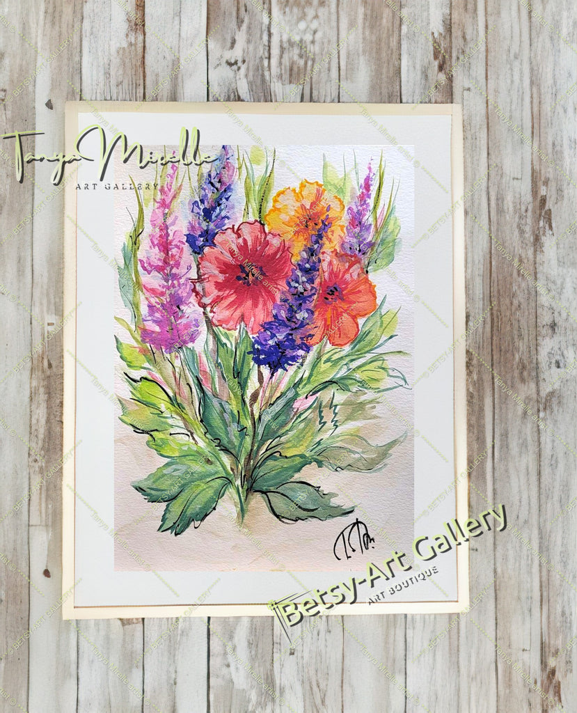Garden Flowers Watercolor Painting, Botanical Wall Art No Frame – Large – Oil on Canvas – {{ product.title }} canvas artwork by Tanya Mirelle – modern wall decor – original artwork for home, living room, office, or gallery – original artwork by BETSY-ART GALLERY