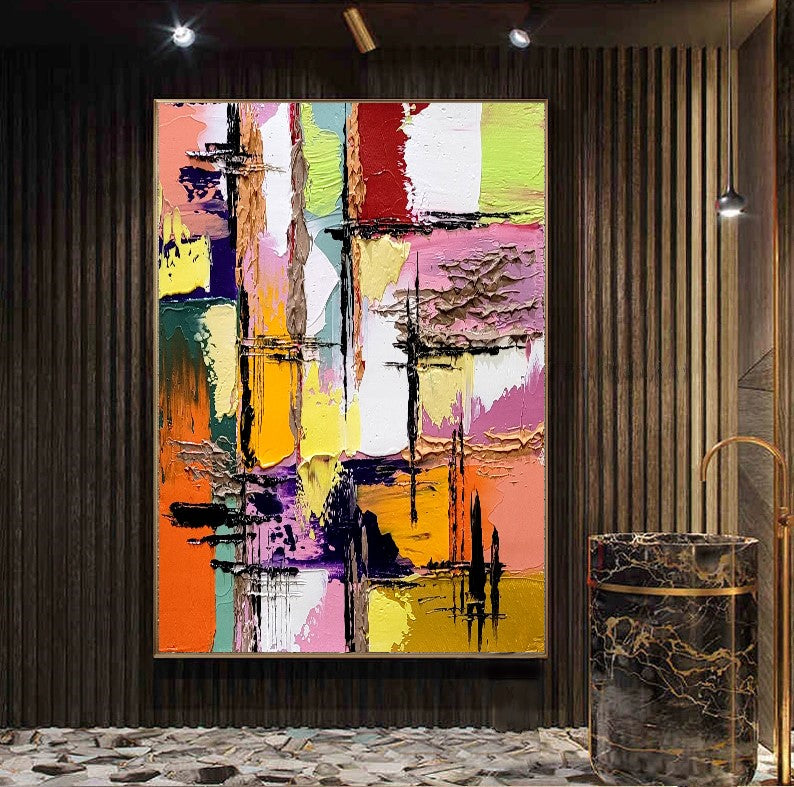 Colorful Abstract Painting, Geomertric Impasto Oil Painting on Canvas, Large Modern Wall Art – Large – Oil on Canvas – {{ product.title }} canvas artwork by Tanya Mirelle – modern wall decor – original artwork for home, living room, office, or gallery – original artwork by BETSY-ART GALLERY