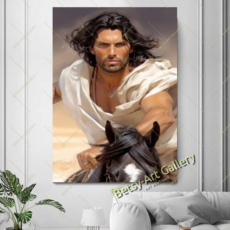 Arabian Man on a Racing Horse Canvas Print – Large – Oil on Canvas – {{ product.title }} canvas artwork by Tanya Mirelle – modern wall decor – original artwork for home, living room, office, or gallery – original artwork by BETSY-ART GALLERY
