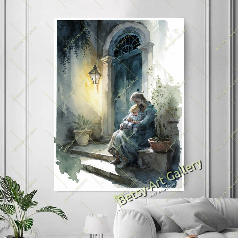 Ancient Mediterranean Landscape Canvas Print: Woman with Baby – Large – Oil on Canvas – {{ product.title }} canvas artwork by Tanya Mirelle – modern wall decor – original artwork for home, living room, office, or gallery – original artwork by BETSY-ART GALLERY