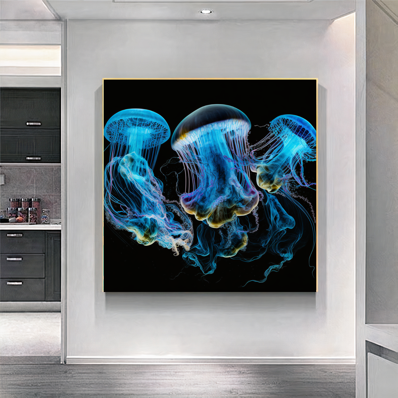 Blue Neon Jellyfish Explosion - Abstract Canvas Print of Underwater Life A