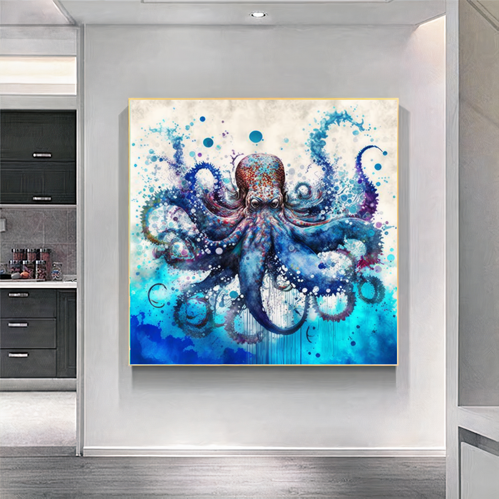 Vibrant Blue Octopus - Underwater Canvas Art Print on Canvas, Unique Gift A