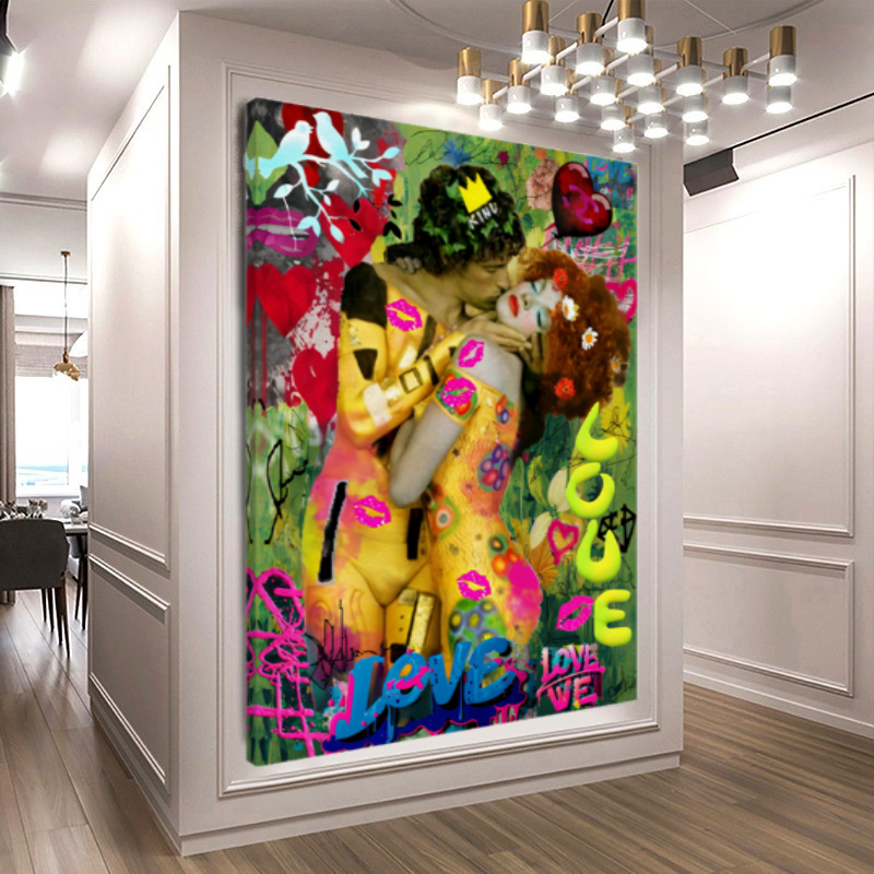 The Kiss by Gustav Klimt - Pop Art Graffiti Canvas Print – Large – Oil on Canvas – {{ product.title }} canvas artwork by Tanya Mirelle – modern wall decor – original artwork for home, living room, office, or gallery – original artwork by BETSY-ART GALLERY
