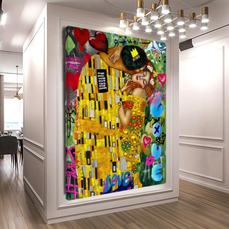 Bold Colors Canvas Print - The Kiss by Gustav Klimt - Pop Art Graffiti Print on Canvas – Large – Oil on Canvas – {{ product.title }} canvas artwork by Tanya Mirelle – modern wall decor – original artwork for home, living room, office, or gallery – original artwork by BETSY-ART GALLERY