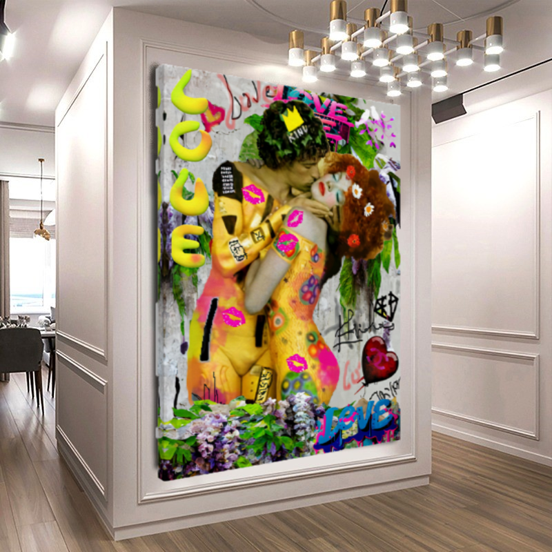 Bold Colors Canvas Print - The Kiss by Gustav Klimt - Pop Art Graffiti Print on Canvas – Large – Oil on Canvas – {{ product.title }} canvas artwork by Tanya Mirelle – modern wall decor – original artwork for home, living room, office, or gallery – original artwork by BETSY-ART GALLERY