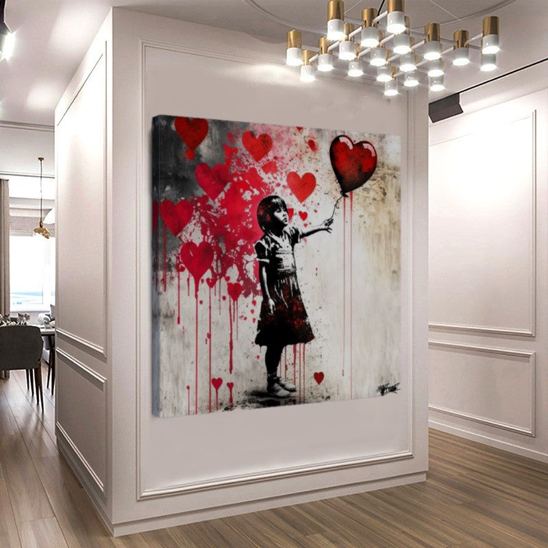 Girl with Red Heart Balloon - Pop Art Print on Canvas, Graffiti Art, Banksy Art, Large Stretched Printed Canvas