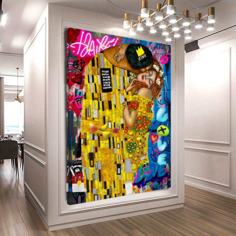 Bold Colors Canvas Print - The Kiss by Gustav Klimt - Pop Art Graffiti Print on Canvas – Large – Oil on Canvas – {{ product.title }} canvas artwork by Tanya Mirelle – modern wall decor – original artwork for home, living room, office, or gallery – original artwork by BETSY-ART GALLERY