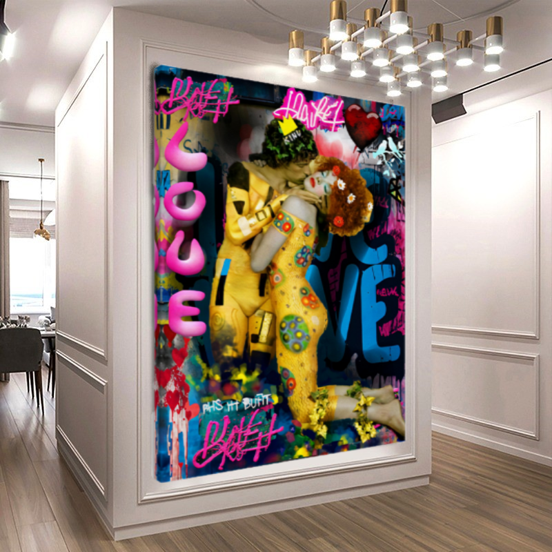 Vivid Colors Canvas Print - The Kiss by Gustav Klimt - Pop Art Graffiti Print on Canvas – Large – Oil on Canvas – {{ product.title }} canvas artwork by Tanya Mirelle – modern wall decor – original artwork for home, living room, office, or gallery – original artwork by BETSY-ART GALLERY