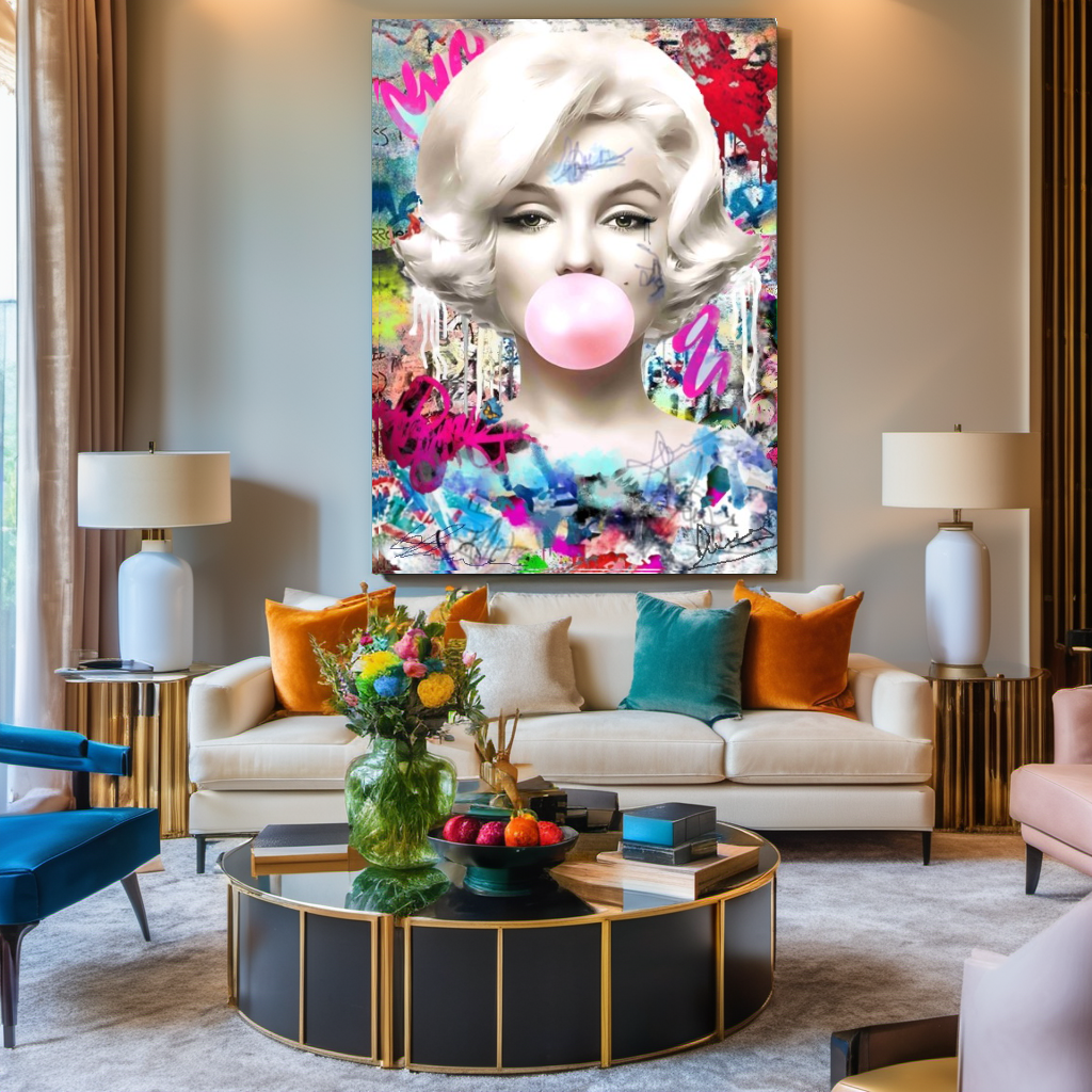 Retro Marilyn Monroe Bubble gum Pop Art Canvas Print – Large – Oil on Canvas – {{ product.title }} canvas artwork by Tanya Mirelle – modern wall decor – original artwork for home, living room, office, or gallery – original artwork by BETSY-ART GALLERY