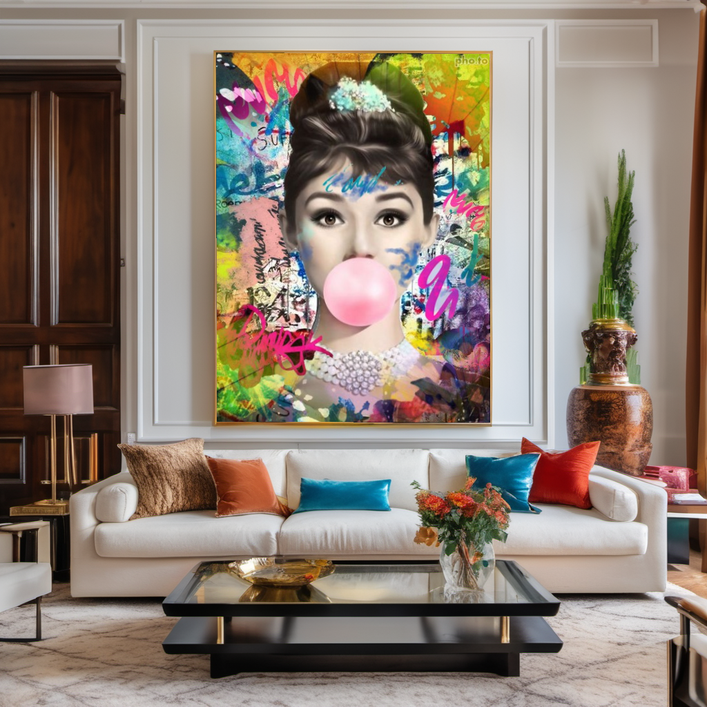 Audrey Hepburn Bubble gum Pop Art - Large Canvas Print - Retro Hollywood Print
