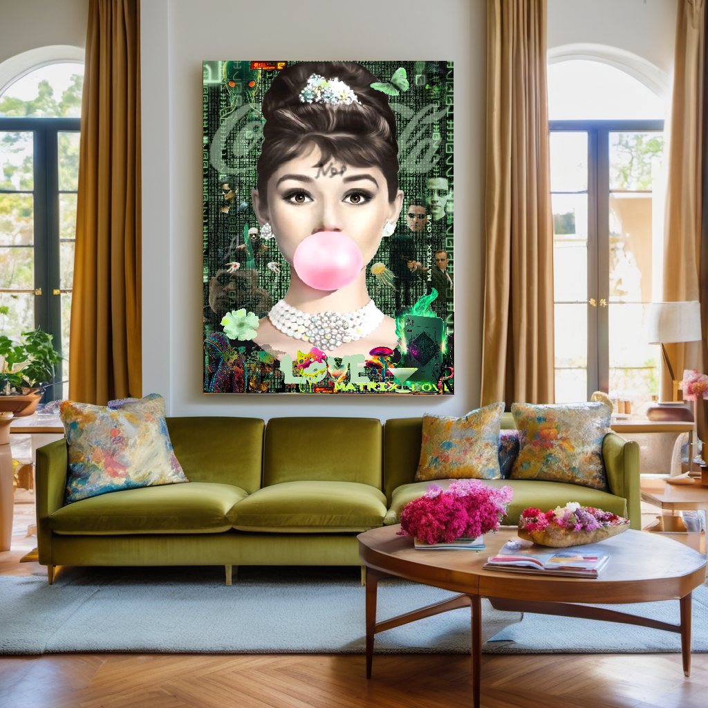 Green Neon Art, Audrey Hepburn, Marilyn Monroe and Brigitte Bardot, Modern Pop Art Canvas Print – Large – Oil on Canvas – {{ product.title }} canvas artwork by Tanya Mirelle – modern wall decor – original artwork for home, living room, office, or gallery – original artwork by BETSY-ART GALLERY