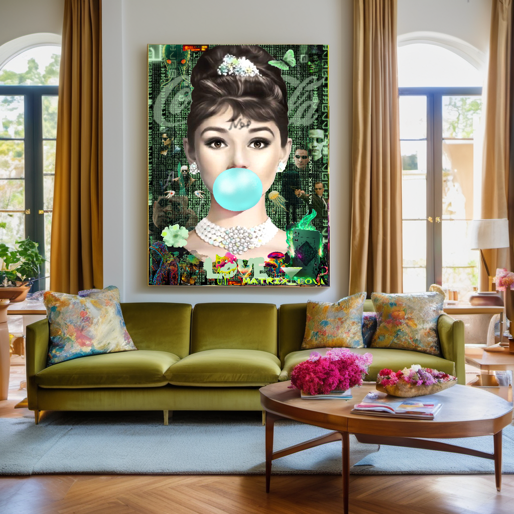 Green Neon Art, Audrey Hepburn, Marilyn Monroe and Brigitte Bardot, Modern Pop Art Canvas Print – Large – Oil on Canvas – {{ product.title }} canvas artwork by Tanya Mirelle – modern wall decor – original artwork for home, living room, office, or gallery – original artwork by BETSY-ART GALLERY