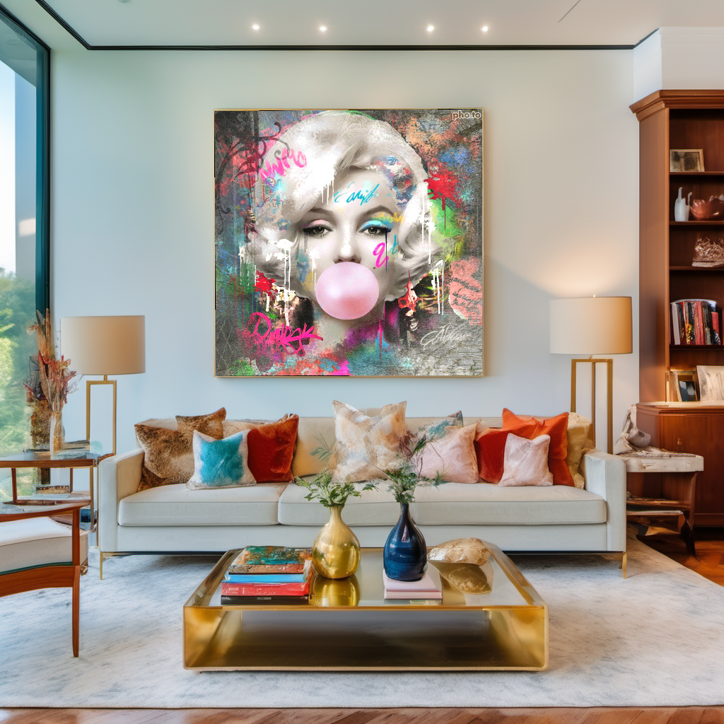 Graffiti Art Marilyn Monroe blowing Bubble Gum, Modern Pop Art Print on Canvas {{ shop_name }}Prints canvas print canvas wall art giclée prints graffiti art print graffiti canvas graffiti canvas art large canvas print large wall art Large Wall Art Decor Living Room Art merilyn monroe art print Merilyn Monroe painting modern abstract art modern art print pop art print print on canvas ready to hang canvas street art on canvas stretched canvas art wall art prints