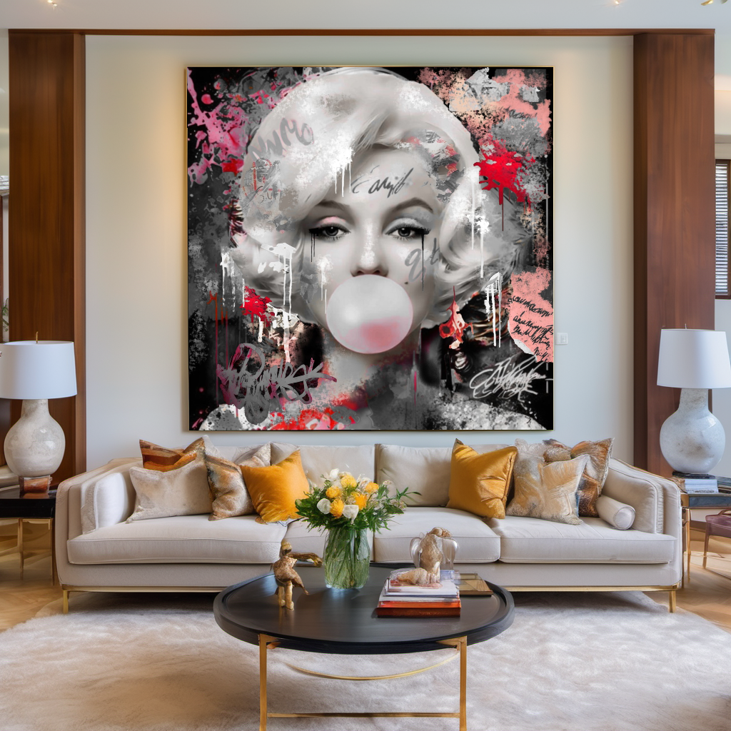 Graffiti Art Marilyn Monroe blowing Bubble Gum, Modern Pop Art Print on Canvas {{ shop_name }}Prints canvas print canvas wall art giclée prints graffiti art print graffiti canvas graffiti canvas art large canvas print large wall art Large Wall Art Decor Living Room Art merilyn monroe art print Merilyn Monroe painting modern abstract art modern art print pop art print print on canvas ready to hang canvas street art on canvas stretched canvas art wall art prints