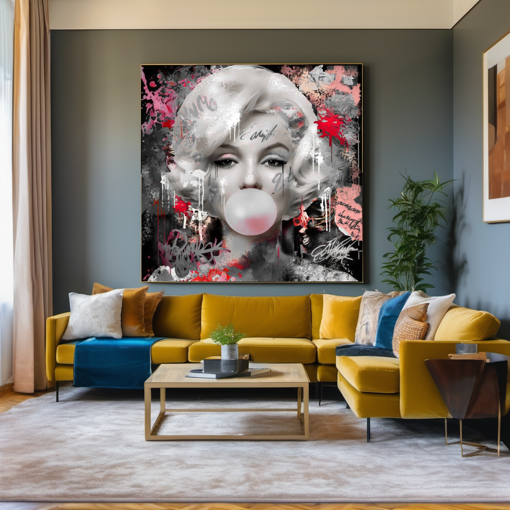 Marilyn Monroe blowing Bubble Gum, Modern Pop Art Print on Canvas – Large – Oil on Canvas – {{ product.title }} canvas artwork by Tanya Mirelle – modern wall decor – original artwork for home, living room, office, or gallery – original artwork by BETSY-ART GALLERY
