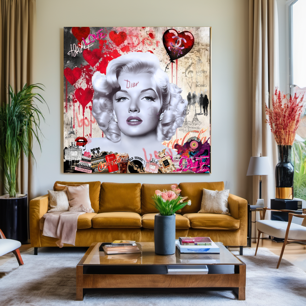 Marilyn Monroe blowing Bubble Gum, Celebreti Portrait, Modern Pop Art Print on Canvas – Large – Oil on Canvas – {{ product.title }} canvas artwork by Tanya Mirelle – modern wall decor – original artwork for home, living room, office, or gallery – original artwork by BETSY-ART GALLERY