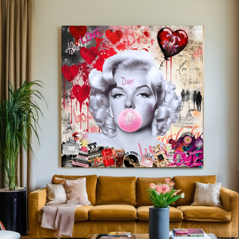 Marilyn Monroe blowing Bubble Gum, Celebreti Portrait, Modern Pop Art Print on Canvas – Large – Oil on Canvas – {{ product.title }} canvas artwork by Tanya Mirelle – modern wall decor – original artwork for home, living room, office, or gallery – original artwork by BETSY-ART GALLERY