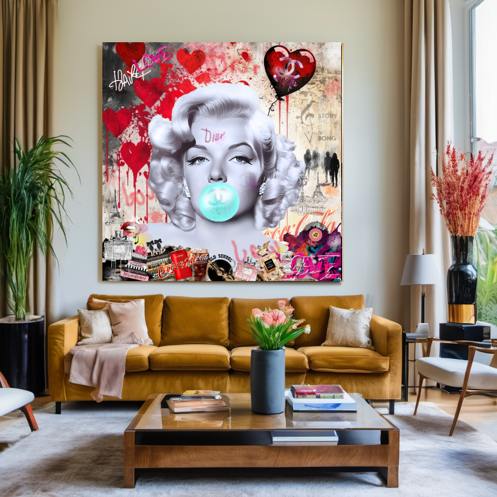 Marilyn Monroe blowing Bubble Gum, Celebreti Portrait, Modern Pop Art Print on Canvas – Large – Oil on Canvas – {{ product.title }} canvas artwork by Tanya Mirelle – modern wall decor – original artwork for home, living room, office, or gallery – original artwork by BETSY-ART GALLERY
