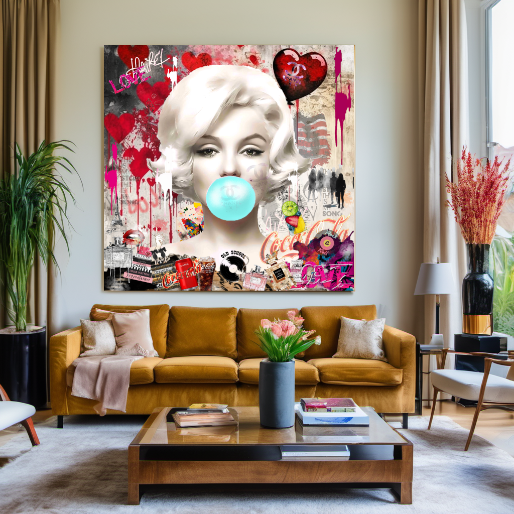 Marilyn Monroe blowing Bubble Gum, Celebreti Portrait, Modern Pop Art Print on Canvas – Large – Oil on Canvas – {{ product.title }} canvas artwork by Tanya Mirelle – modern wall decor – original artwork for home, living room, office, or gallery – original artwork by BETSY-ART GALLERY