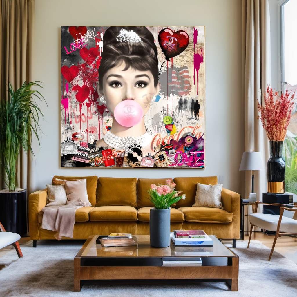 Marilyn Monroe, Audrey Hepburn, blowing Bubble Gum, Modern Pop Art Print on Canvas C