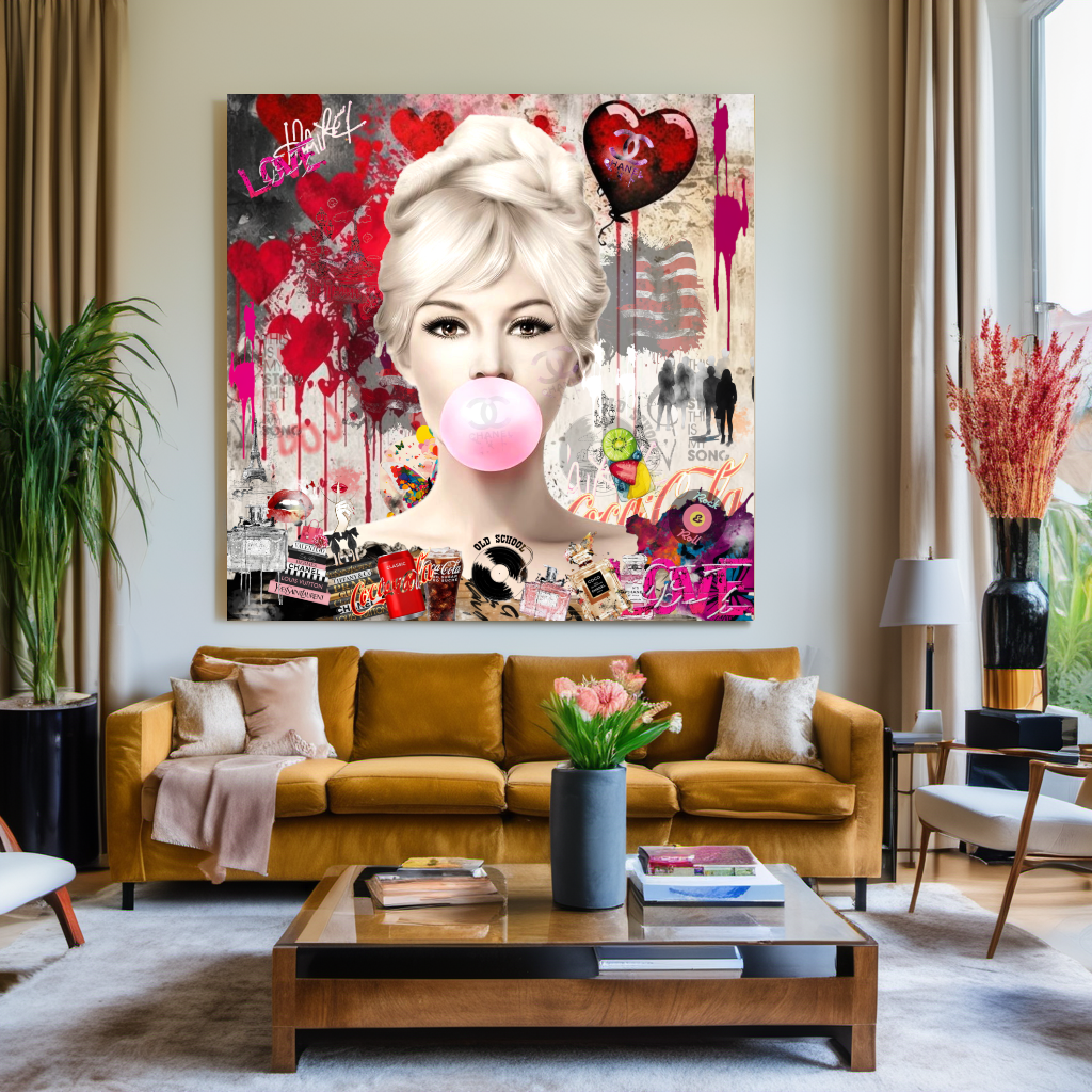 Marilyn Monroe, Audrey Hepburn, blowing Bubble Gum, Modern Pop Art Print on Canvas E