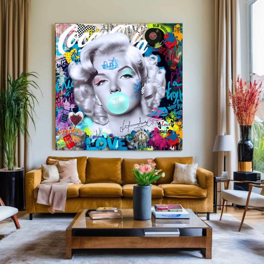 Iconic Marilyn Monroe blowing Bubble Gum, Modern Pop Art Print on Canvas – Large – Oil on Canvas – {{ product.title }} canvas artwork by Tanya Mirelle – modern wall decor – original artwork for home, living room, office, or gallery – original artwork by BETSY-ART GALLERY