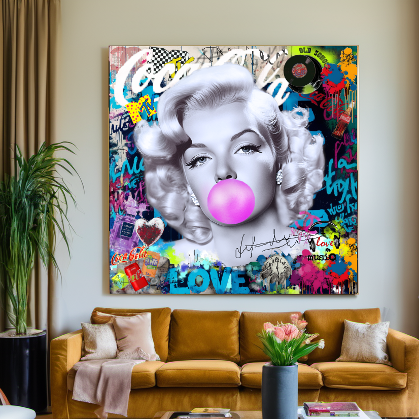 Iconic Marilyn Monroe blowing Bubble Gum, Modern Pop Art Print on Canvas – Large – Oil on Canvas – {{ product.title }} canvas artwork by Tanya Mirelle – modern wall decor – original artwork for home, living room, office, or gallery – original artwork by BETSY-ART GALLERY