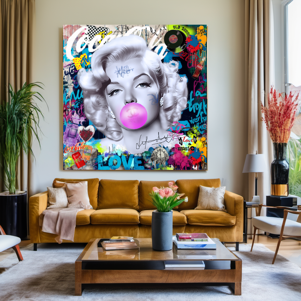 Iconic Marilyn Monroe blowing Bubble Gum, Modern Pop Art Print on Canvas – Large – Oil on Canvas – {{ product.title }} canvas artwork by Tanya Mirelle – modern wall decor – original artwork for home, living room, office, or gallery – original artwork by BETSY-ART GALLERY