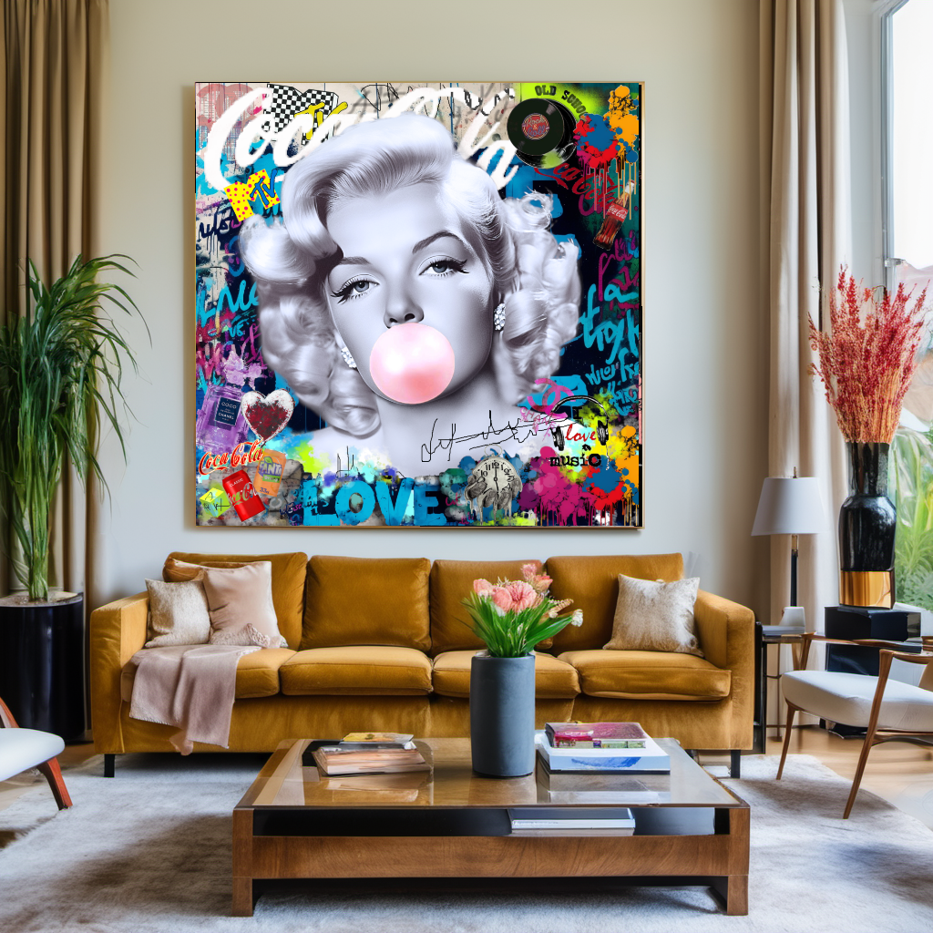 Iconic Marilyn Monroe blowing Bubble Gum, Modern Pop Art Print on Canvas – Large – Oil on Canvas – {{ product.title }} canvas artwork by Tanya Mirelle – modern wall decor – original artwork for home, living room, office, or gallery – original artwork by BETSY-ART GALLERY