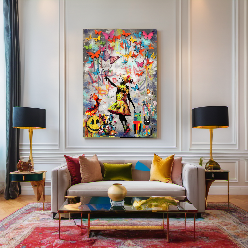 Girl with Heart Balloon and Butterflies- Peace & Love Graffiti Art Print on Canvas