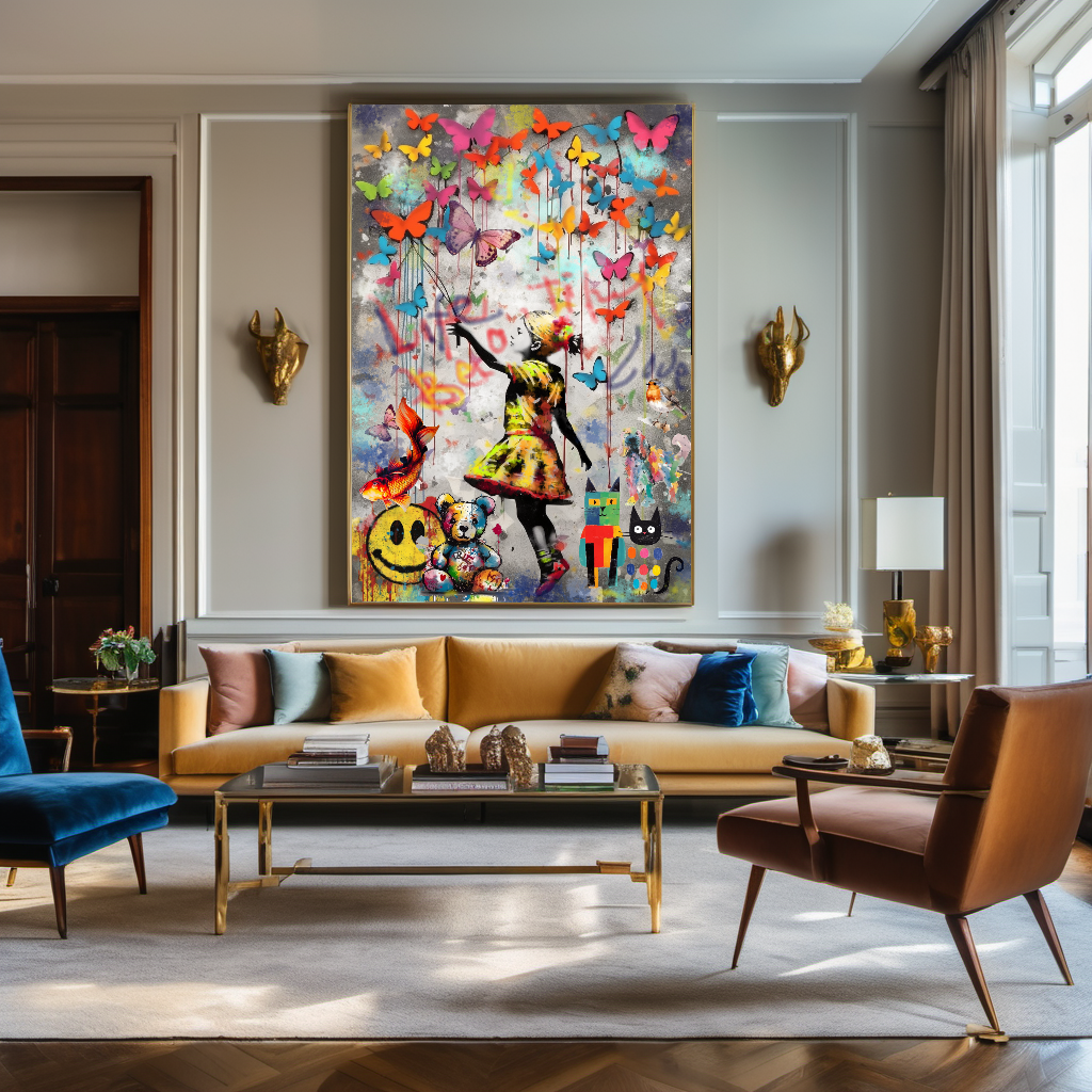 Girl with Heart Balloon and Butterflies- Peace & Love Graffiti Art Print on Canvas