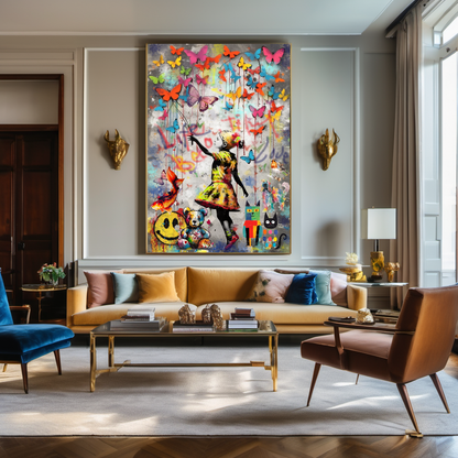 Girl with Heart Balloon and Butterflies- Peace & Love Graffiti Art Print on Canvas