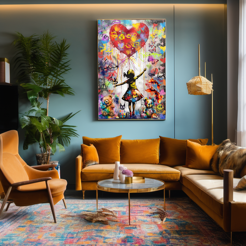 Girl with Heart Balloon and Butterflies- Peace & Love Graffiti Art Print on Canvas
