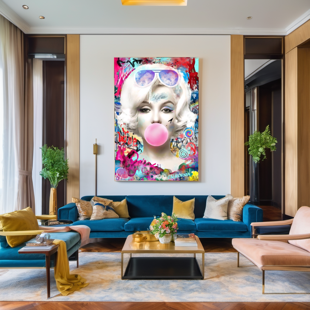 Graffiti Brigitte Bardot Bubble Gum Art, Modern Pop Art Canvas Print – Large – Oil on Canvas – {{ product.title }} canvas artwork by Tanya Mirelle – modern wall decor – original artwork for home, living room, office, or gallery – original artwork by BETSY-ART GALLERY