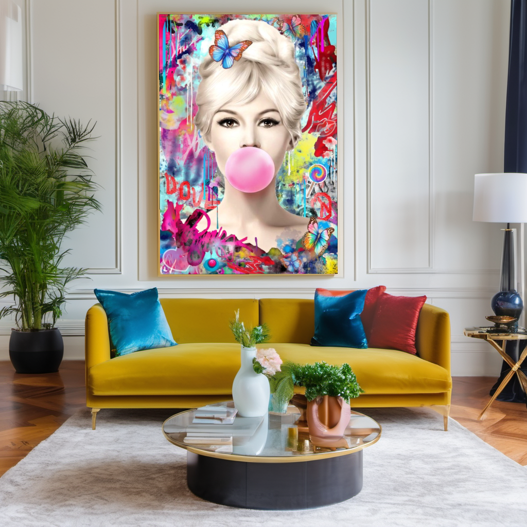 Graffiti Brigitte Bardot Bubble Gum Art, Modern Pop Art Canvas Print – Large – Oil on Canvas – {{ product.title }} canvas artwork by Tanya Mirelle – modern wall decor – original artwork for home, living room, office, or gallery – original artwork by BETSY-ART GALLERY